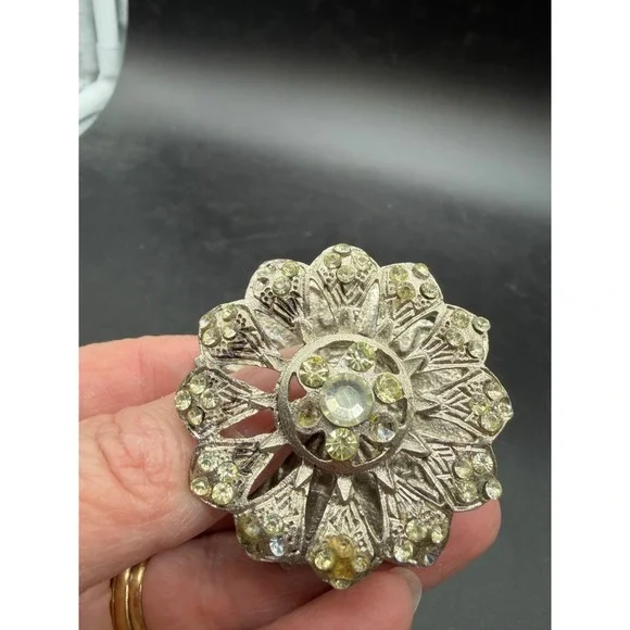 Vintage Floral Rhinestone Drawer Pull Silver Tone Rosette Cabinet Knob Hardware - Picture 7 of 7